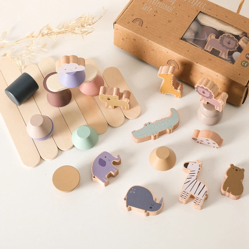 Child-safe smooth wooden balancing animals