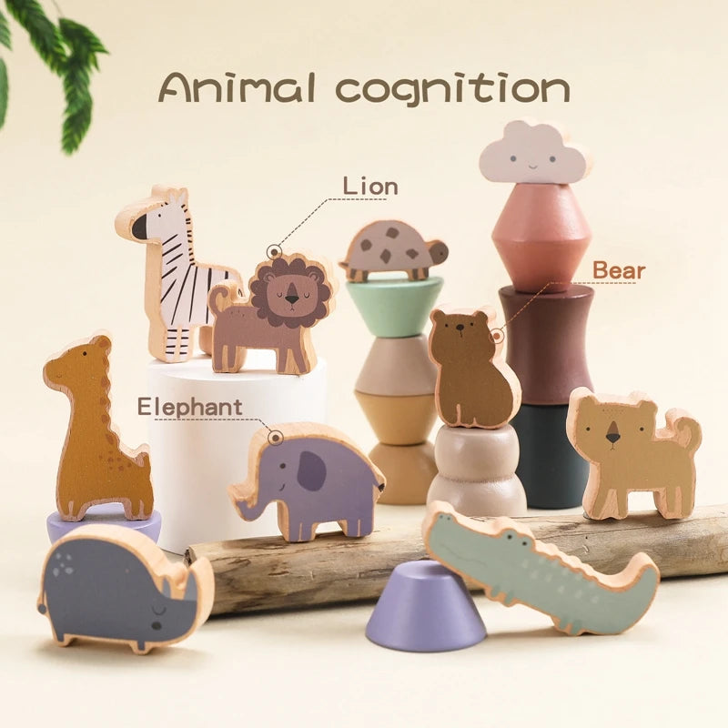Wooden animal balance blocks stacked into a tower
