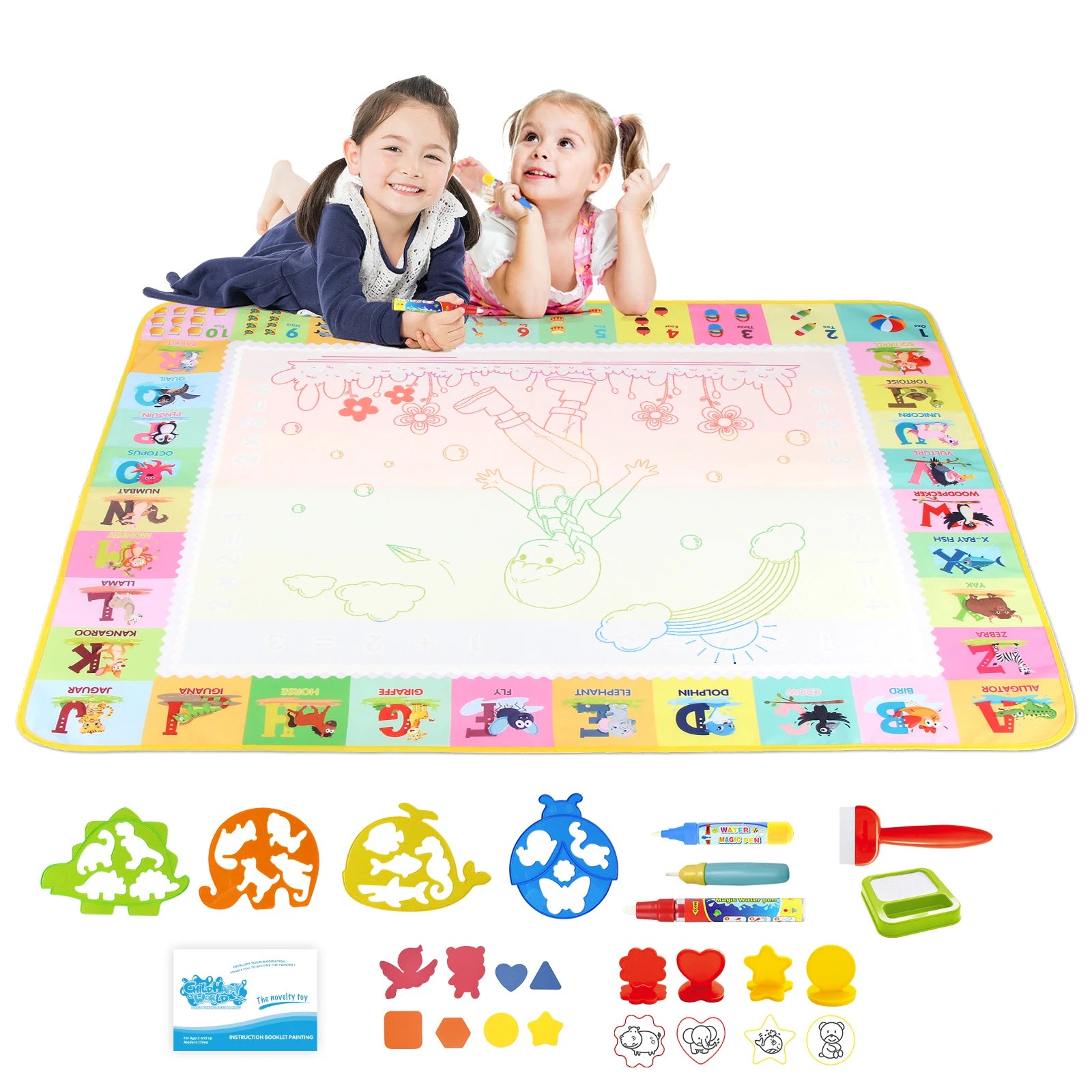 Large water doodle drawing mat with reusable water pens for mess-free toddler art