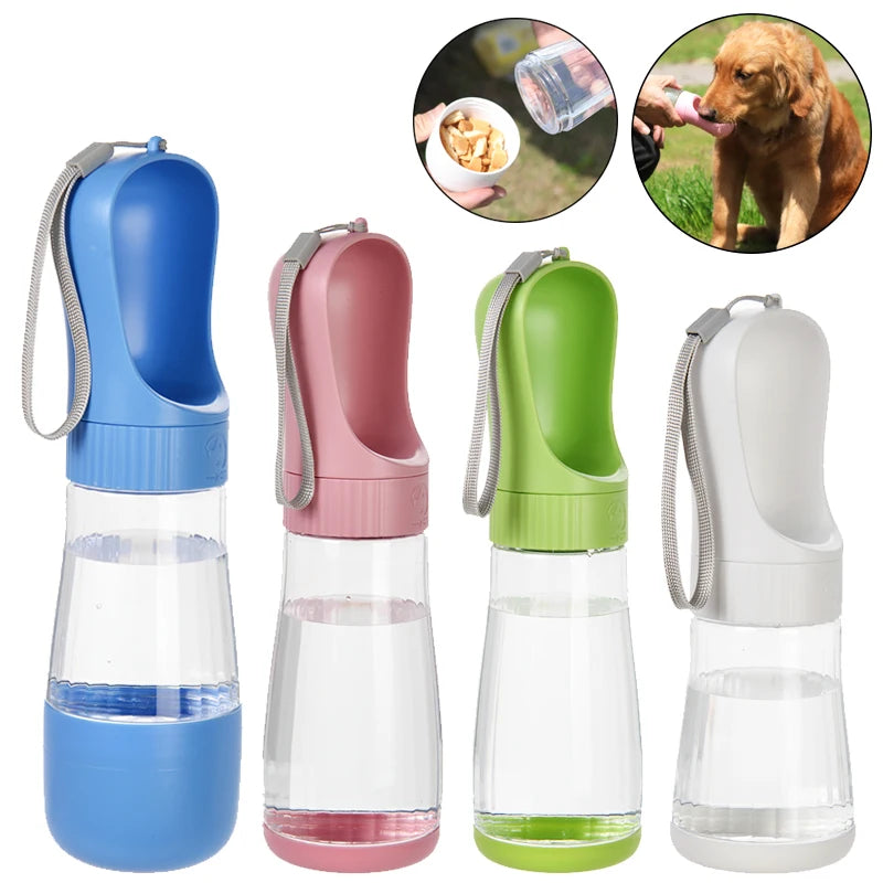 Portable dog water bottle with built-in bowl and treat container for walks