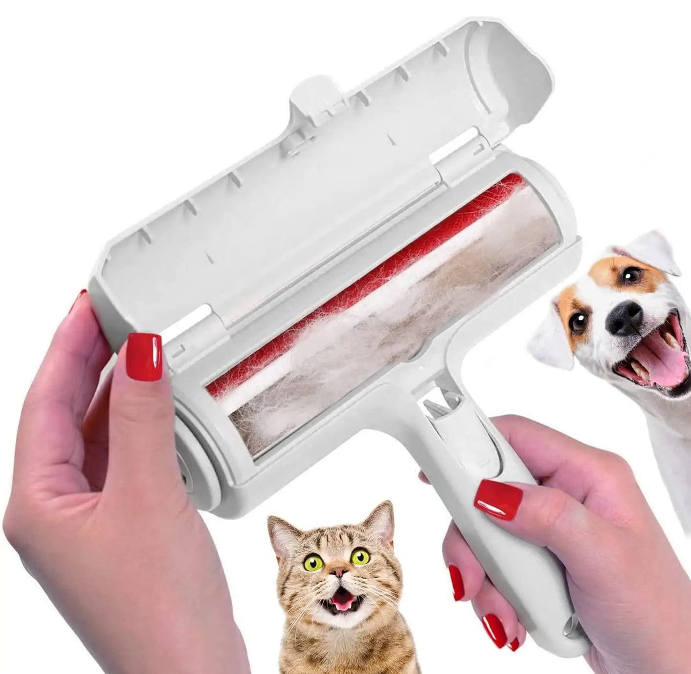 Reusable pet hair remover roller with self-cleaning base for furniture