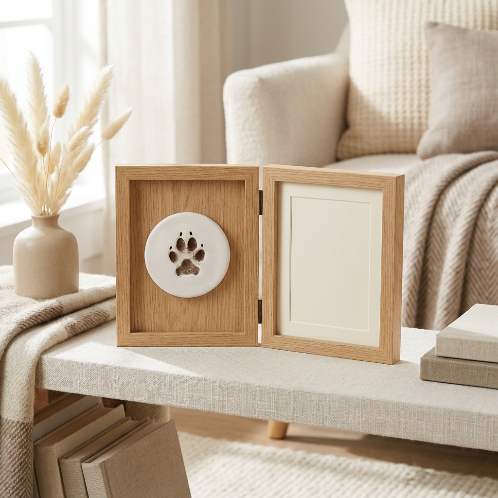 Paw print keepsake kit with oak double photo frame holding a white clay disc pressed with a dog paw print